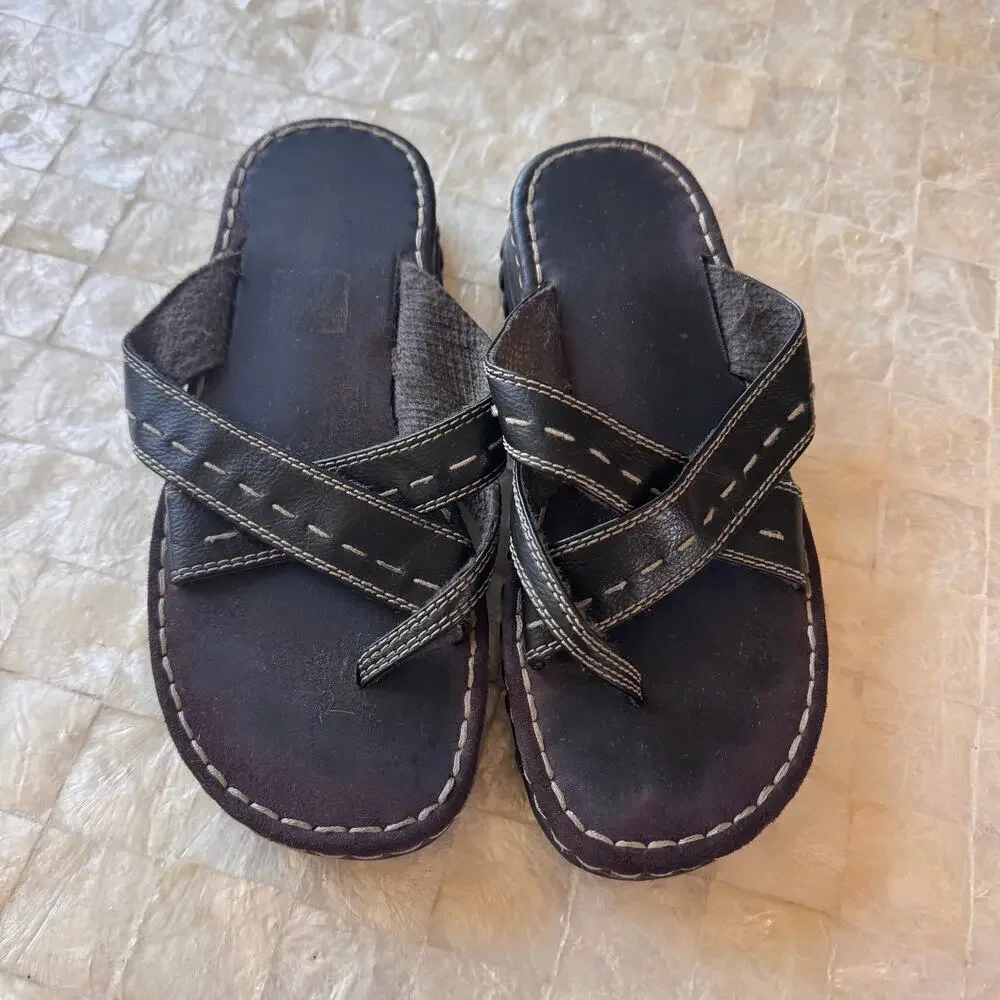Vintage Y2K Lower East Side Chunky Platform Slide Sandal Shoes brown strappy